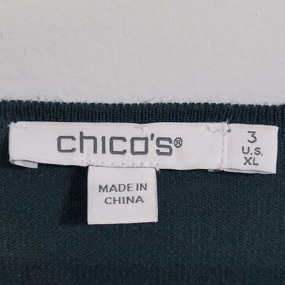 Chico's Womens SZ 3 (XL) Green Black Scrolls V Neck Pullover Sweater Art Deco - Picture 4 of 9